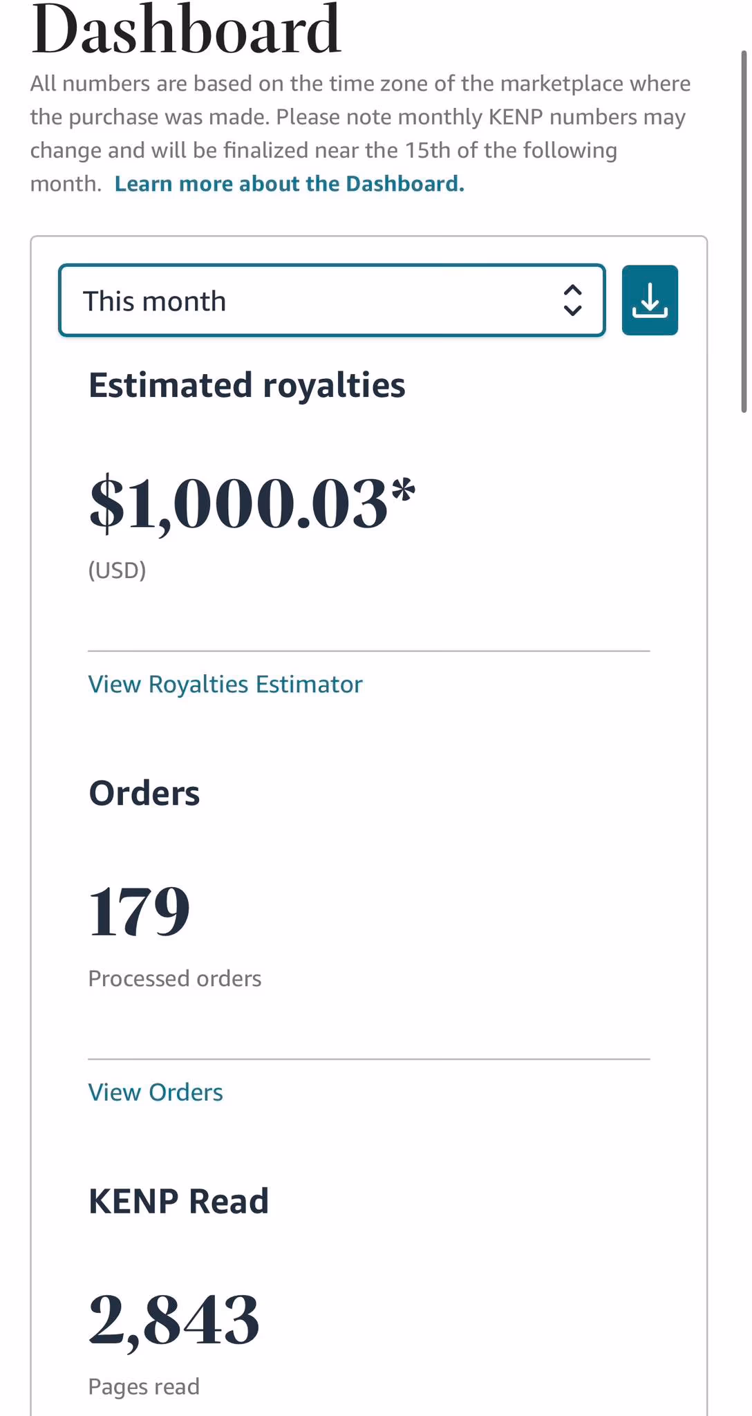Amazon KDP dashboard — $1,000.03 this month