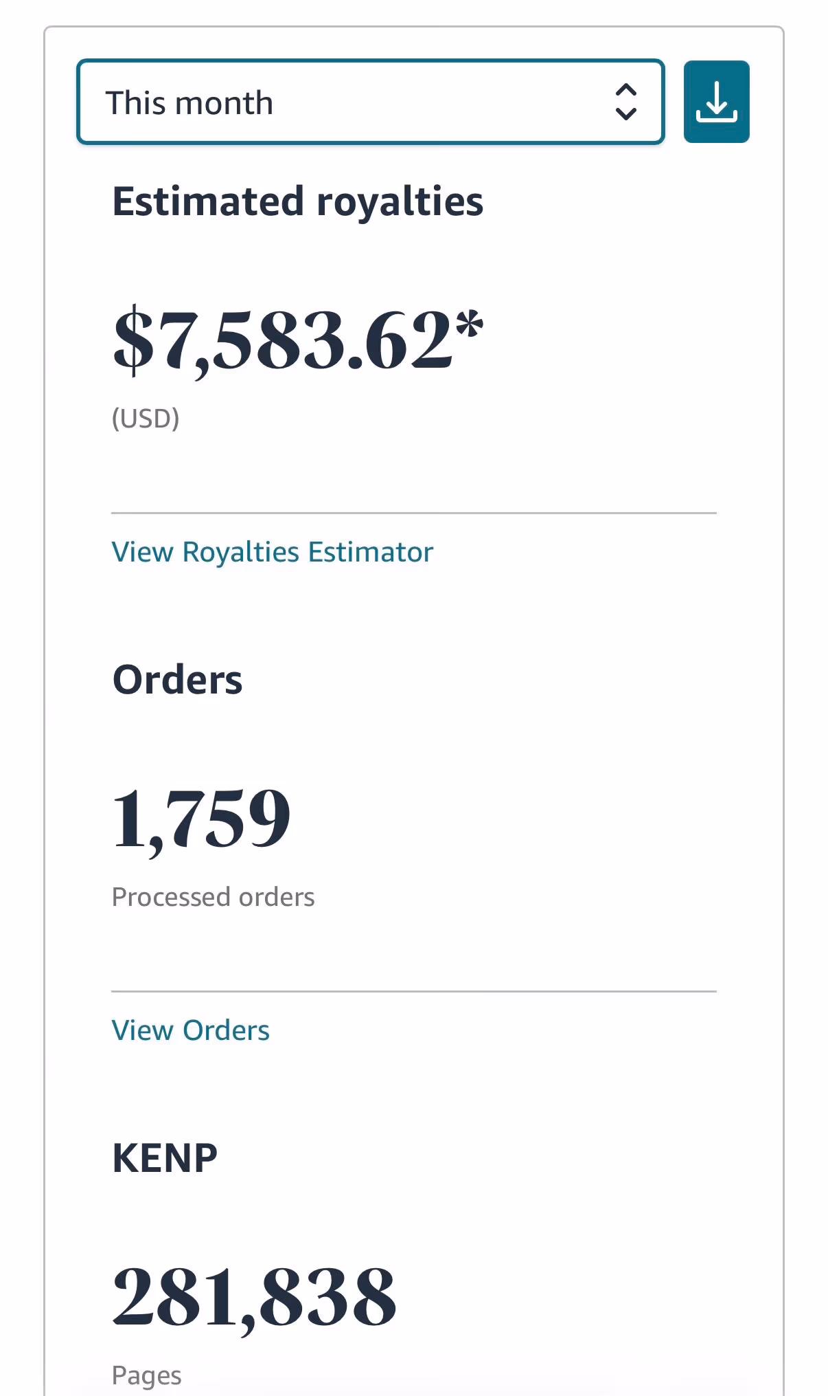 Dashboard di Amazon KDP — $7,583.62 questo mese